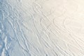 Snowy abstract off-piste skiing backround with ski and snowboard trails and tracks on new virgin powder snow. morning Royalty Free Stock Photo