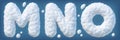 Snowy alphabet with letters M, N, O. Lettes made of snow. Winter font isolated on blue background