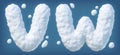 Snowy alphabet with letters V, W. Lettes made of snow. Winter font isolated on blue background