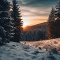 Snowy alpine hills in dense winter forest. Sunset in the background.