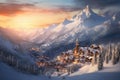 snowy alpine village near ski slopes at sunrise