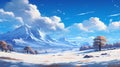 Snowy Anime Landscape With Mountains And Trees In 8k Resolution