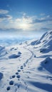 Snowy ascent Human footprints mark hillside climb in tranquil winter landscape