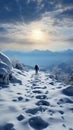 Snowy ascent Human footprints mark hillside climb in tranquil winter landscape