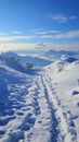 Snowy ascent Human footprints mark hillside climb in tranquil winter landscape