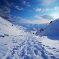 Snowy ascent Human footprints mark hillside climb in tranquil winter landscape