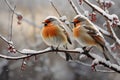 Snowy aviators birds on snowy branches showcase resilience, winter ecosystem synergy