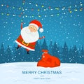 Snowy Background with Santa Claus and Christmas Lights Royalty Free Stock Photo