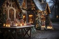 Snowy backyard decorated with luminous garlands, balls, cookies and lanterns for christmas, preparations for new year, AI