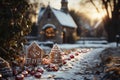 Snowy backyard decorated with luminous garlands, balls, cookies and lanterns for christmas, preparations for new year, AI Royalty Free Stock Photo
