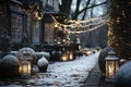 Snowy backyard decorated with luminous garlands, balls and lanterns for christmas, preparations for new year, AI Generated