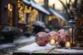 Snowy backyard decorated with luminous garlands, balls and lanterns for christmas, preparations for new year, AI Generated