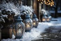 Snowy backyard decorated with luminous garlands, balls and lanterns for christmas, preparations for new year, AI Generated