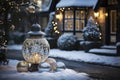 Snowy backyard decorated with luminous garlands, balls and lanterns for christmas, preparations for new year, AI Generated