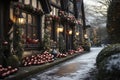 Snowy backyard decorated with luminous garlands, balls and lanterns for christmas, preparations for new year, AI Generated