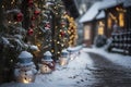 Snowy backyard decorated with luminous garlands, snowmens, balls and lanterns for christmas, preparations for new year, AI Royalty Free Stock Photo