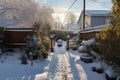 snowy backyard with shoveling path visible