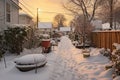 snowy backyard with shoveling path visible