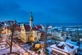 Snowy beach and pier (Molo) in Sopot at winter dusk. Poland Royalty Free Stock Photo