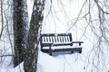 Snowy bench under old and tall birch tree sloping branches in snowdrift in winter time Royalty Free Stock Photo