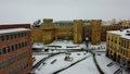 Aerial, big market in Avila (Spain), snowed with the Saint as a witness.