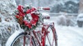 Snowy bike with festive wreath on its handlebars . Royalty Free Stock Photo