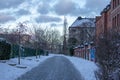 Snowy bike path not maintained during a snow storm in Berlin Germany 2021 Royalty Free Stock Photo