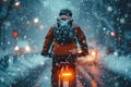 Snowy bike ride Cyclist commuting through a winter wonderland city