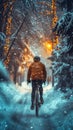 Snowy bike ride Cyclist commuting through a winter wonderland city