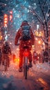 Snowy bike ride Cyclist commuting through a winter wonderland city