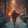 Snowy bike ride Cyclist commuting through a winter wonderland city