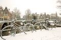 Snowy bikes in Amsterdam the Netherlands Royalty Free Stock Photo