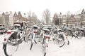 Snowy bikes in Amsterdam the Netherlands Royalty Free Stock Photo