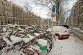 Snowy bikes in Amsterdam the Netherlands Royalty Free Stock Photo