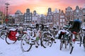 Snowy bikes in Amsterdam the Netherlands Royalty Free Stock Photo