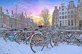 Snowy bikes in Amsterdam the Netherlands Royalty Free Stock Photo