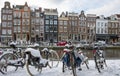 Snowy bikes in Amsterdam in winter in the Netherlands Royalty Free Stock Photo