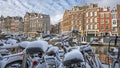 Snowy bikes in Amsterdam in winter in the Netherlands