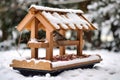 snowy bird feeder with animal paw prints nearby