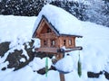 Snowy bird house artfully designed in wonderful winter environment Royalty Free Stock Photo