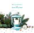 Snowy blue lantern and Christmas balls Royalty Free Stock Photo