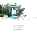 Snowy blue lantern and Christmas balls Royalty Free Stock Photo