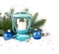 Snowy blue lantern and Christmas balls Royalty Free Stock Photo