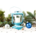 Snowy blue lantern and Christmas balls Royalty Free Stock Photo