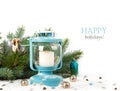 Snowy blue lantern and Christmas balls Royalty Free Stock Photo