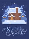 Snowy blue winter village landscape with a house. Silent Night Christmas flat illustration Royalty Free Stock Photo