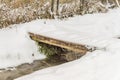 Snowy bridge over a stream covered with ice