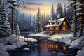Snowy cabin clip art in a peaceful forest