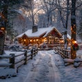 Snowy Cabin with Holiday Decorations and Warm Lights Royalty Free Stock Photo