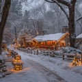 Snowy Cabin with Holiday Decorations and Warm Lights Royalty Free Stock Photo